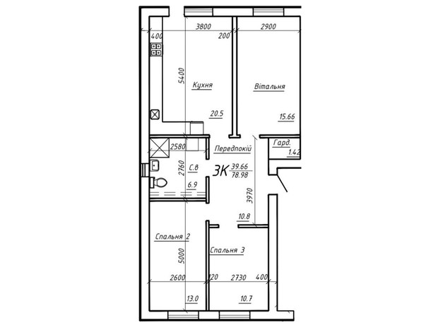 ЖК Обсерваторний: планування 3-кімнатної квартири 78.98 м²