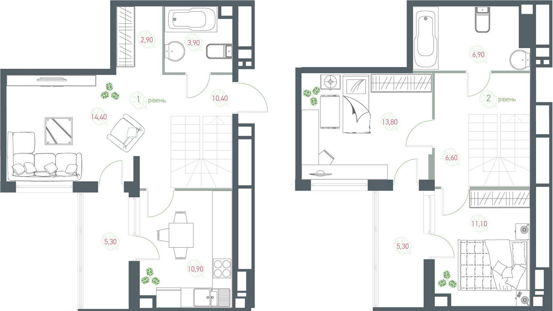 Планування багато­рівневої квартири в ЖК Озерний гай Гатне 91.9 м², фото 363544