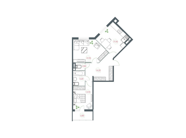 ЖК Озерный гай Гатное: планировка 2-комнатной квартиры 79.5 м²