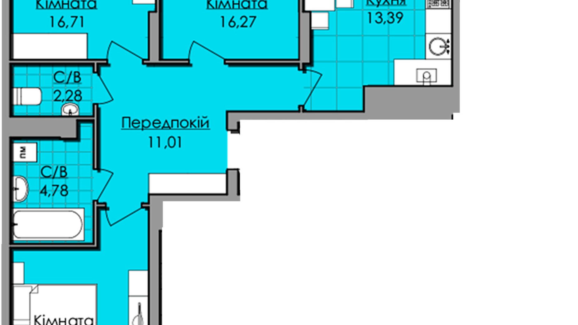 Планировка 3-комнатной квартиры в ЖК Lazur Sky 86.05 м², фото 363677