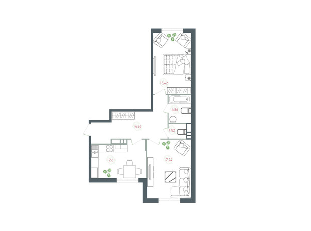 ЖК Озерный гай Гатное: планировка 2-комнатной квартиры 66.68 м²