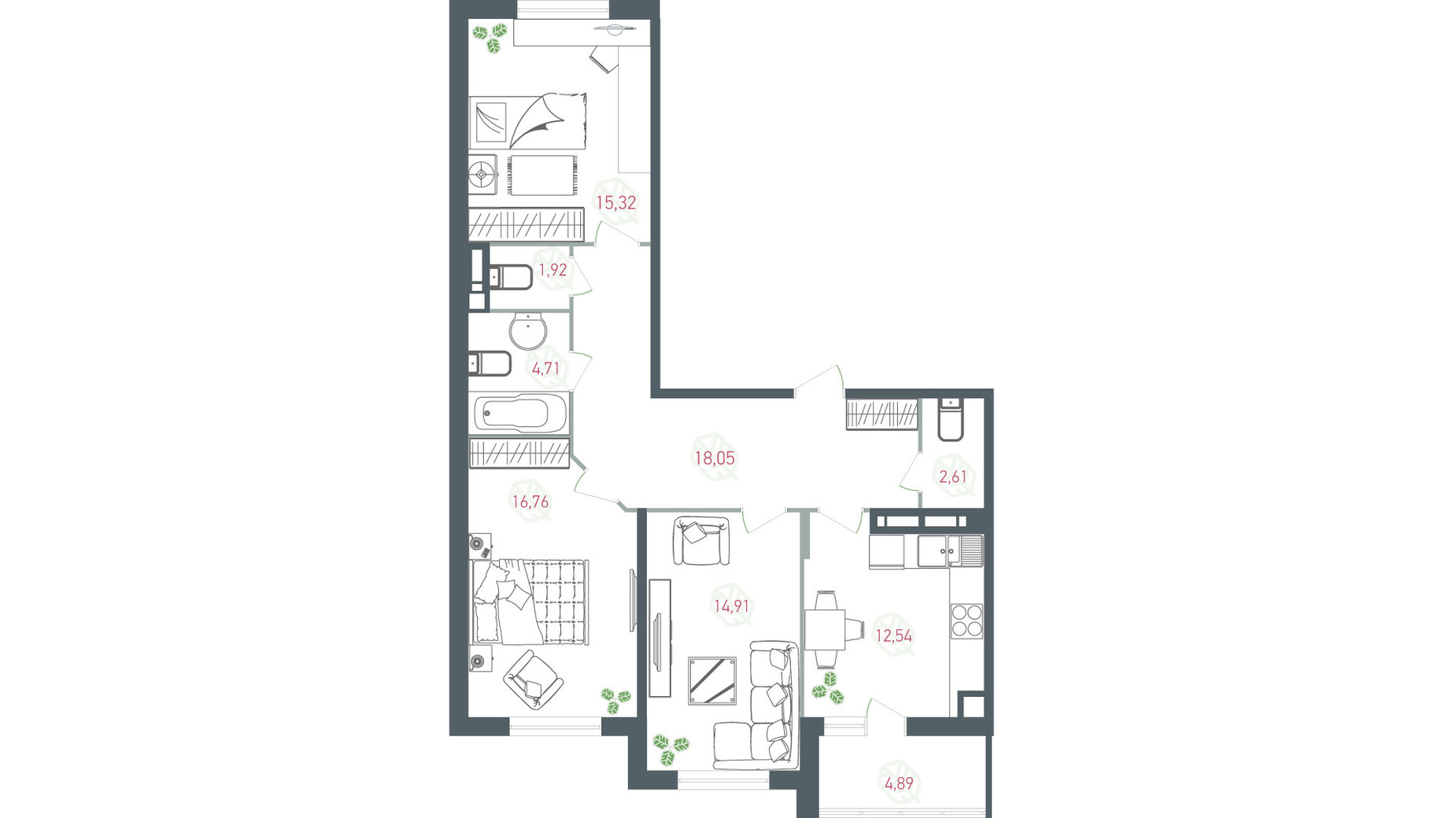 Планировка 3-комнатной квартиры в ЖК Озерный гай Гатное 91.37 м², фото 363714