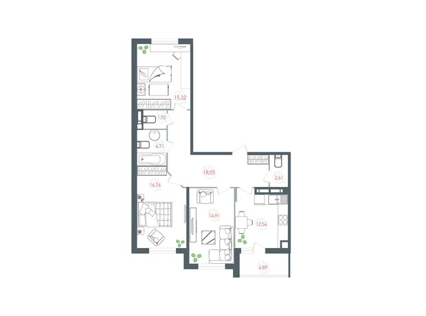 ЖК Озерний гай Гатне: планування 3-кімнатної квартири 91.37 м²