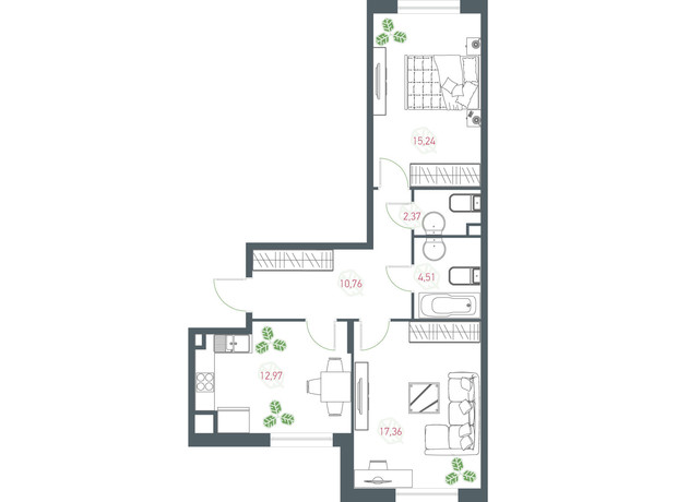 ЖК Озерный гай Гатное: планировка 2-комнатной квартиры 63.21 м²