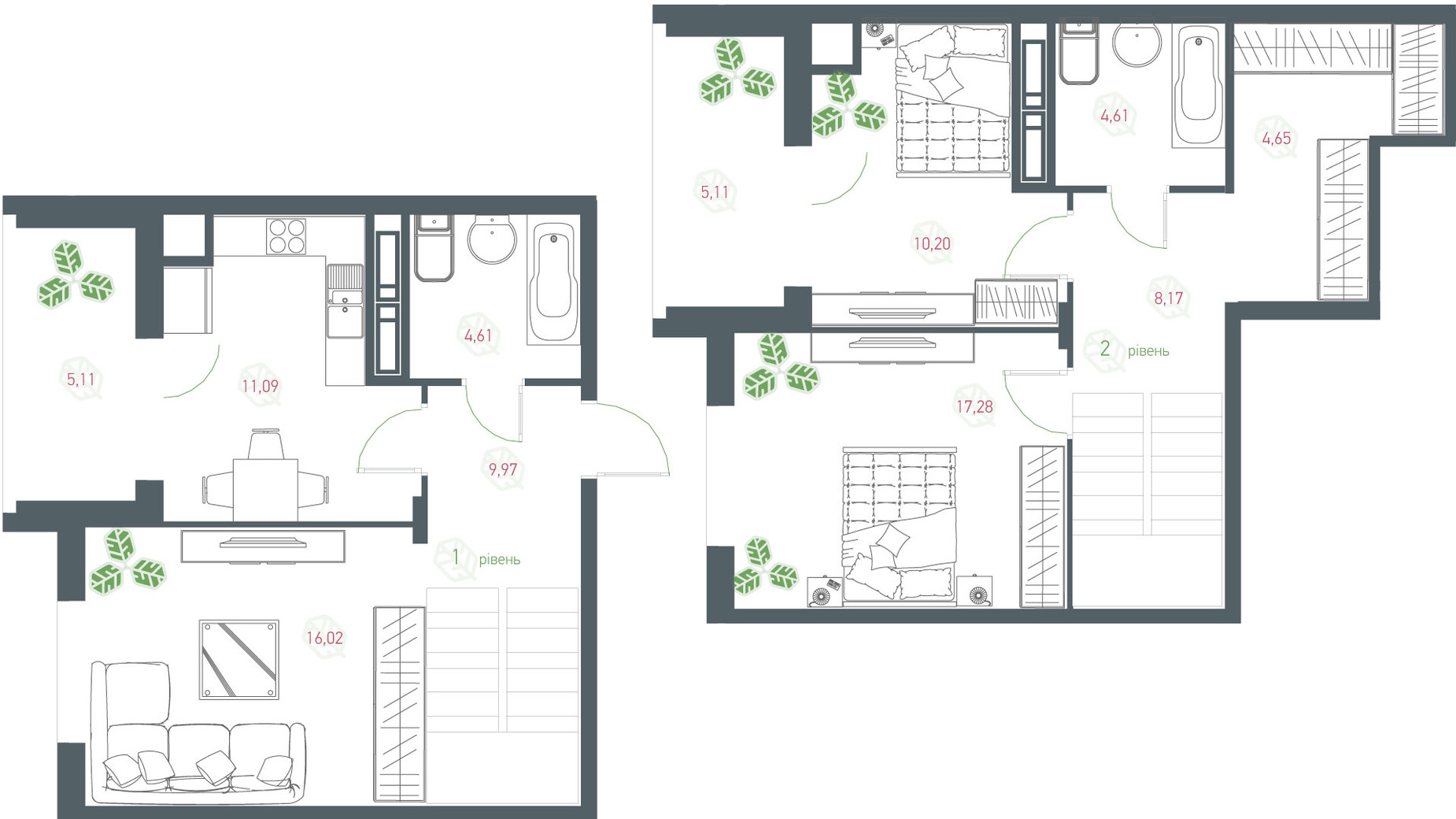 Планування багато­рівневої квартири в ЖК Озерний гай Гатне 97.02 м², фото 363786