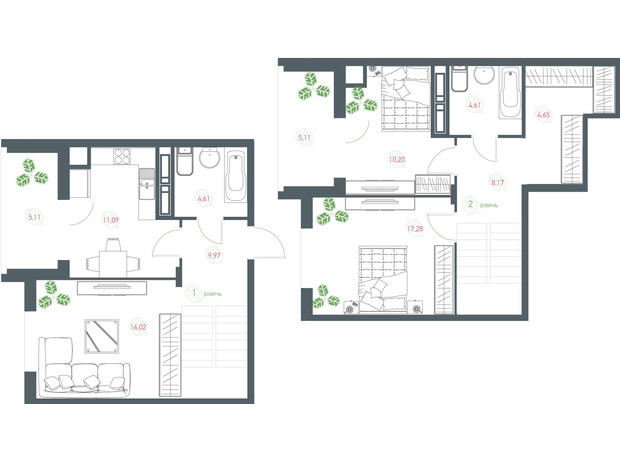 ЖК Озерный гай Гатное: планировка 3-комнатной квартиры 97.02 м²