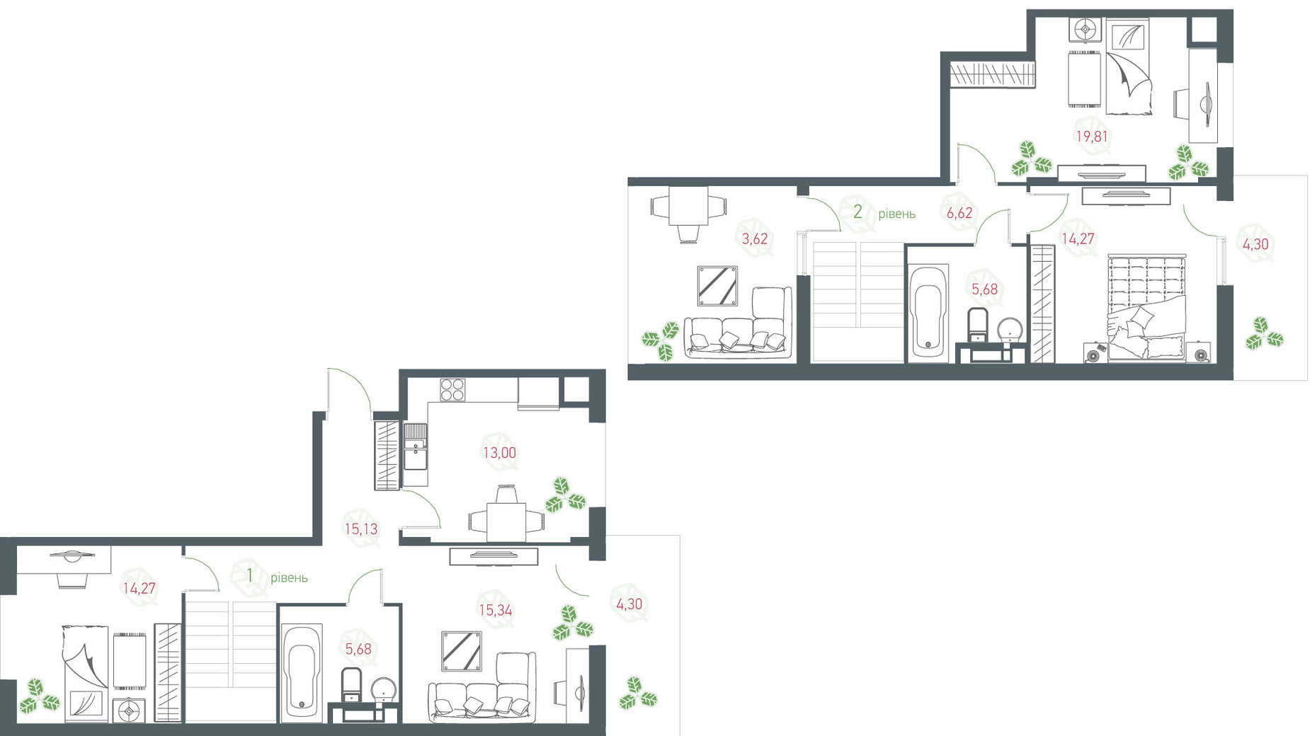 Планировка много­уровневой квартиры в ЖК Озерный гай Гатное 123.33 м², фото 363787