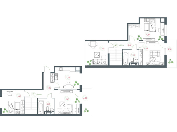 ЖК Озерный гай Гатное: планировка 4-комнатной квартиры 123.33 м²