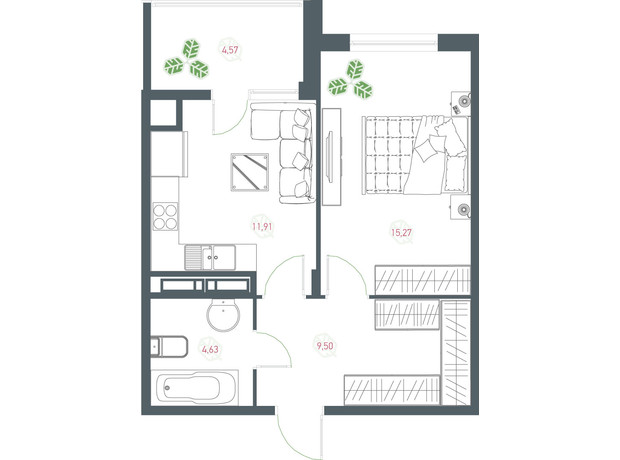 ЖК Озерный гай Гатное: планировка 1-комнатной квартиры 45.88 м²
