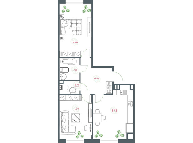 ЖК Озерний гай Гатне: планування 2-кімнатної квартири 66.77 м²