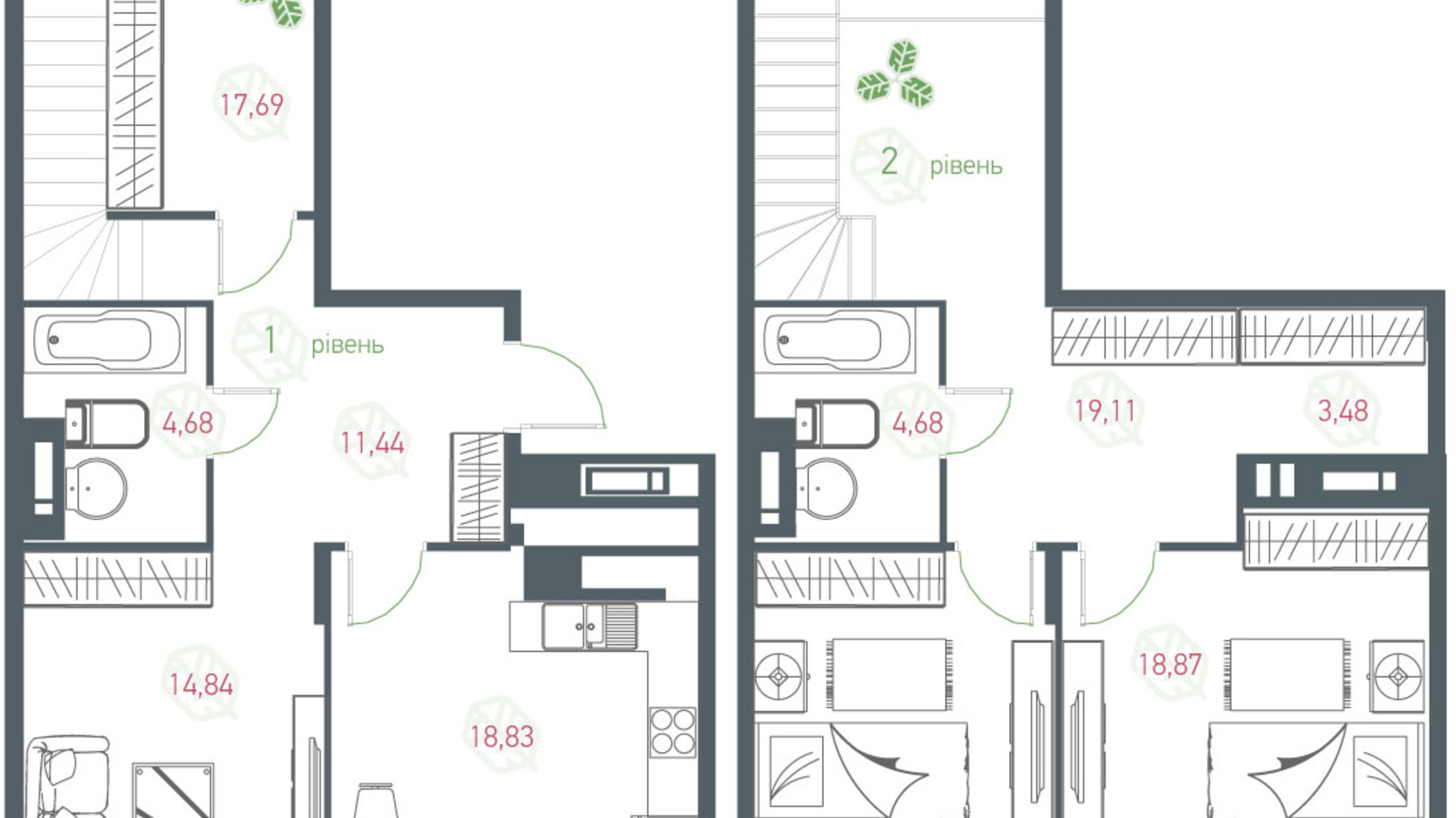 Планировка много­уровневой квартиры в ЖК Озерный гай Гатное 139.44 м², фото 363825