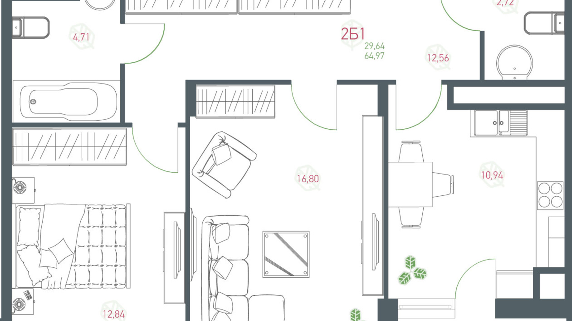 Планировка 2-комнатной квартиры в ЖК Озерный гай Гатное 64.97 м², фото 363929