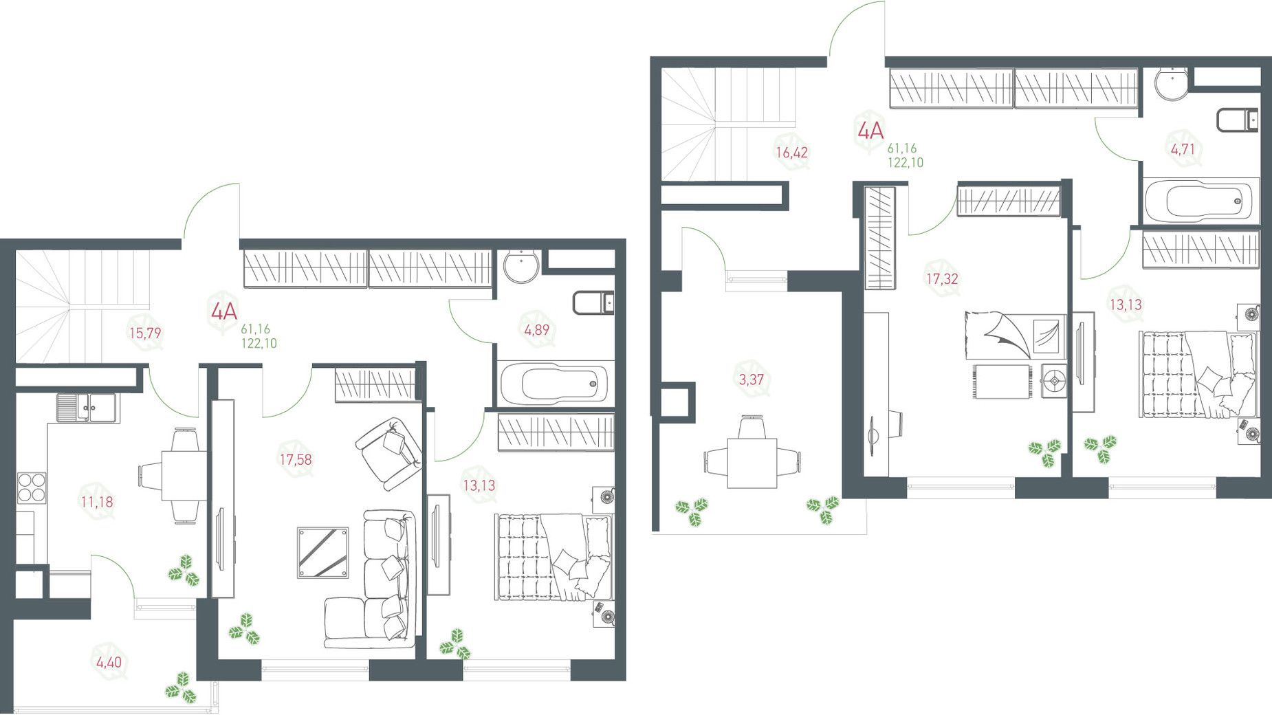 Планировка много­уровневой квартиры в ЖК Озерный гай Гатное 122.1 м², фото 363931