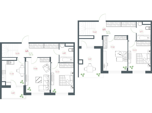 ЖК Озерный гай Гатное: планировка 4-комнатной квартиры 122.1 м²