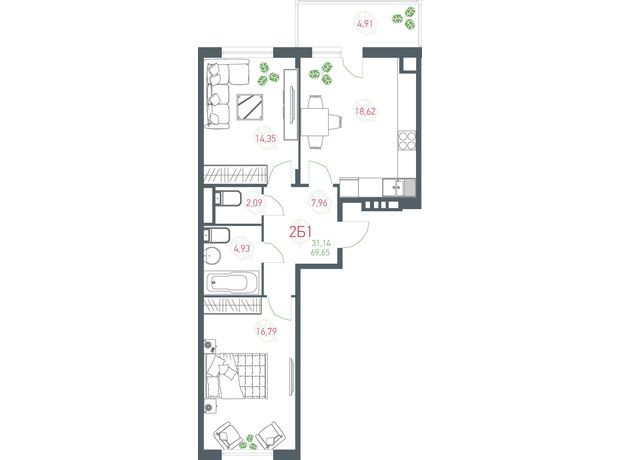 ЖК Озерний гай Гатне: планування 2-кімнатної квартири 69.65 м²