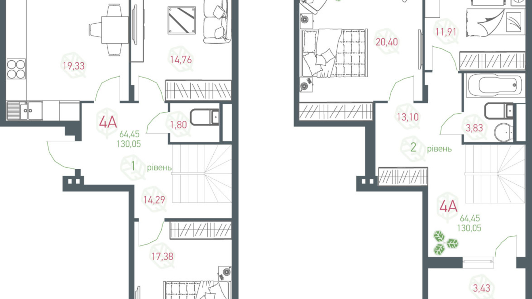 Планировка много­уровневой квартиры в ЖК Озерный гай Гатное 130.05 м², фото 363935