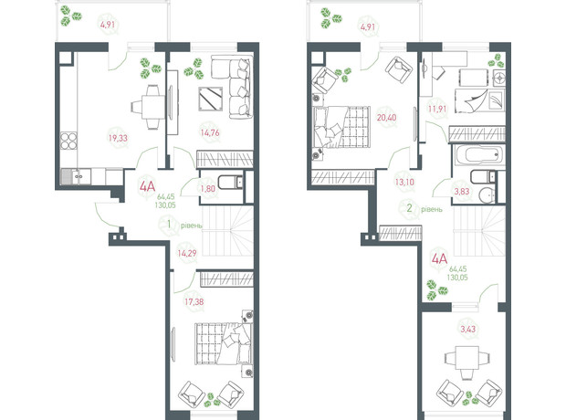 ЖК Озерный гай Гатное: планировка 4-комнатной квартиры 130.05 м²