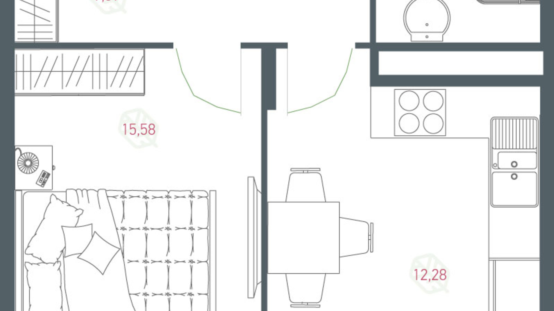 Планування 1-кімнатної квартири в ЖК Озерний гай Гатне 46.25 м², фото 363936