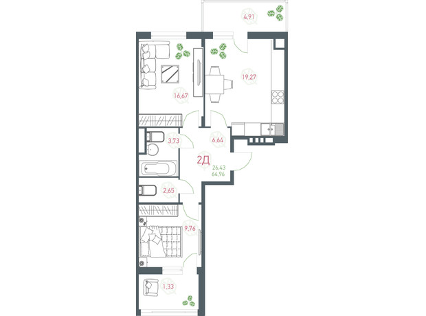 ЖК Озерный гай Гатное: планировка 2-комнатной квартиры 69.65 м²