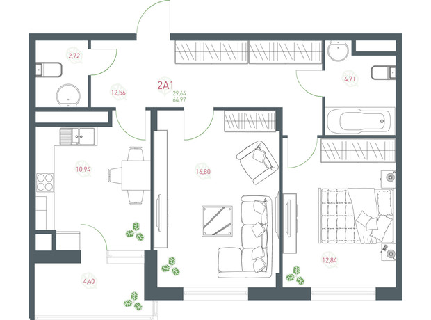 ЖК Озерный гай Гатное: планировка 2-комнатной квартиры 64.97 м²