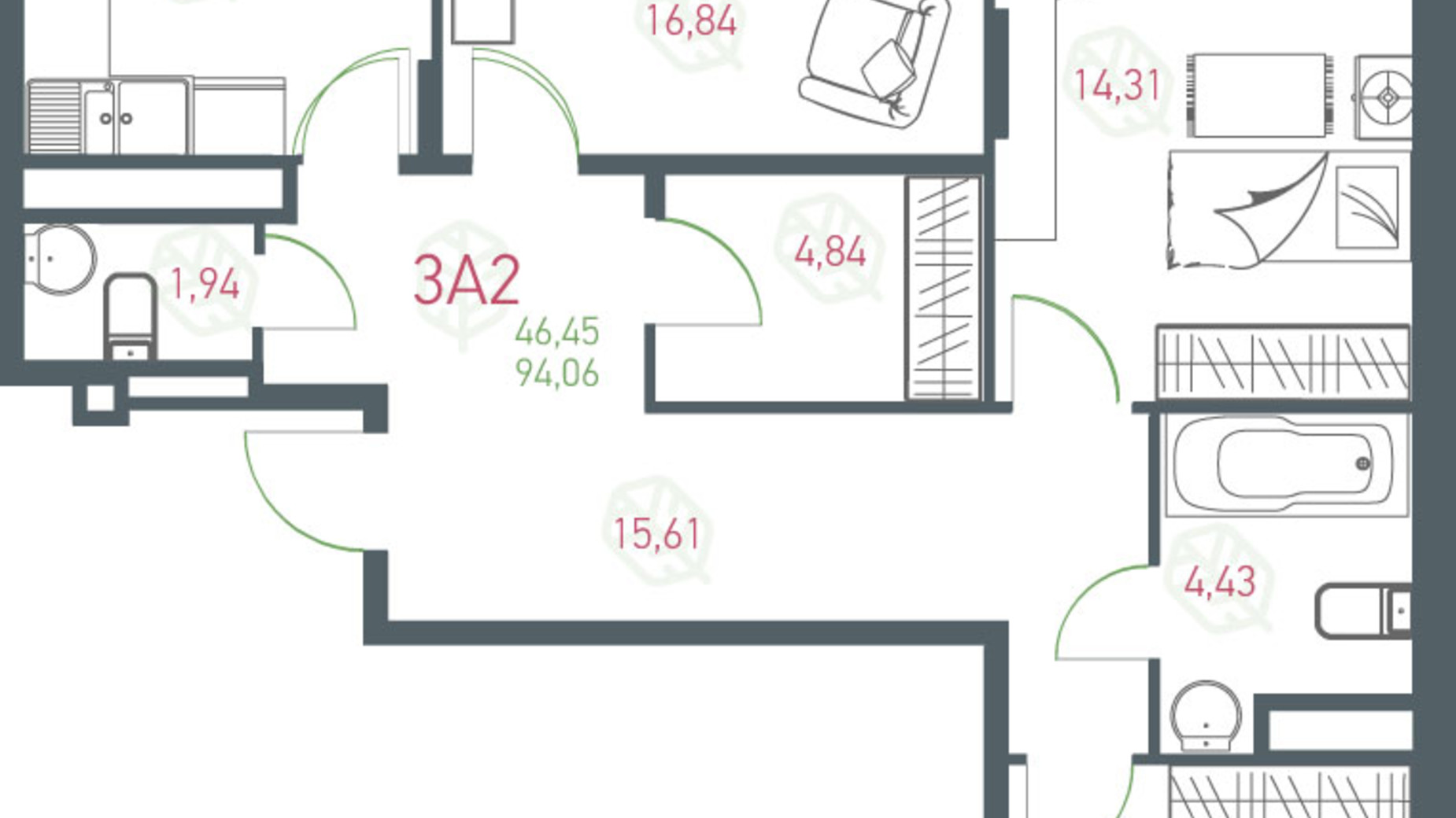 Планування 3-кімнатної квартири в ЖК Озерний гай Гатне 94.06 м², фото 363940