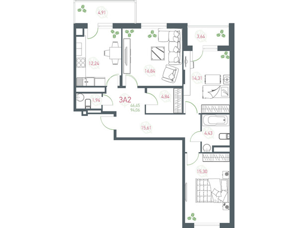 ЖК Озерный гай Гатное: планировка 3-комнатной квартиры 94.06 м²