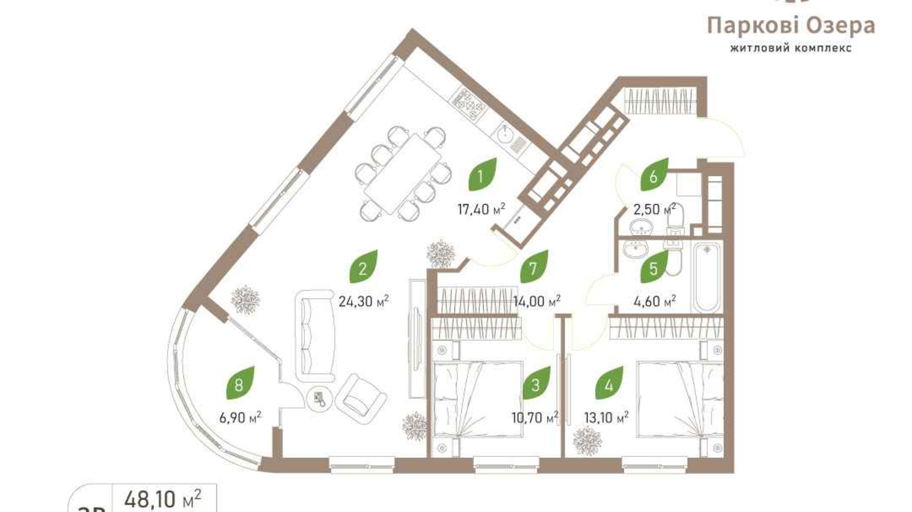 Планировка 3-комнатной квартиры в ЖК Парковые Озера 2 93.5 м², фото 363966