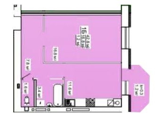 ЖК ул. Независимости, 5: планировка 1-комнатной квартиры 42.8 м²