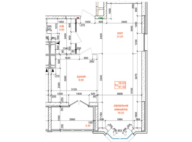 ЖК Одеський бульвар: планування 1-кімнатної квартири 47.52 м²