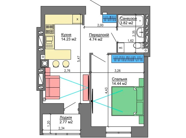 ЖК Nikostar Comfort+: планировка 1-комнатной квартиры 38.61 м²