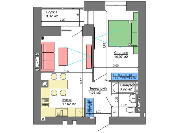 ЖК Nikostar Comfort+: планування 1-кімнатної квартири 41.3 м²