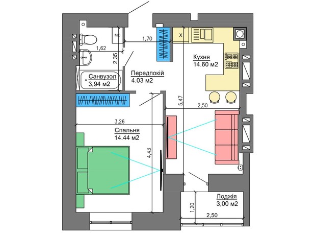 ЖК Nikostar Comfort+: планування 1-кімнатної квартири 38.87 м²