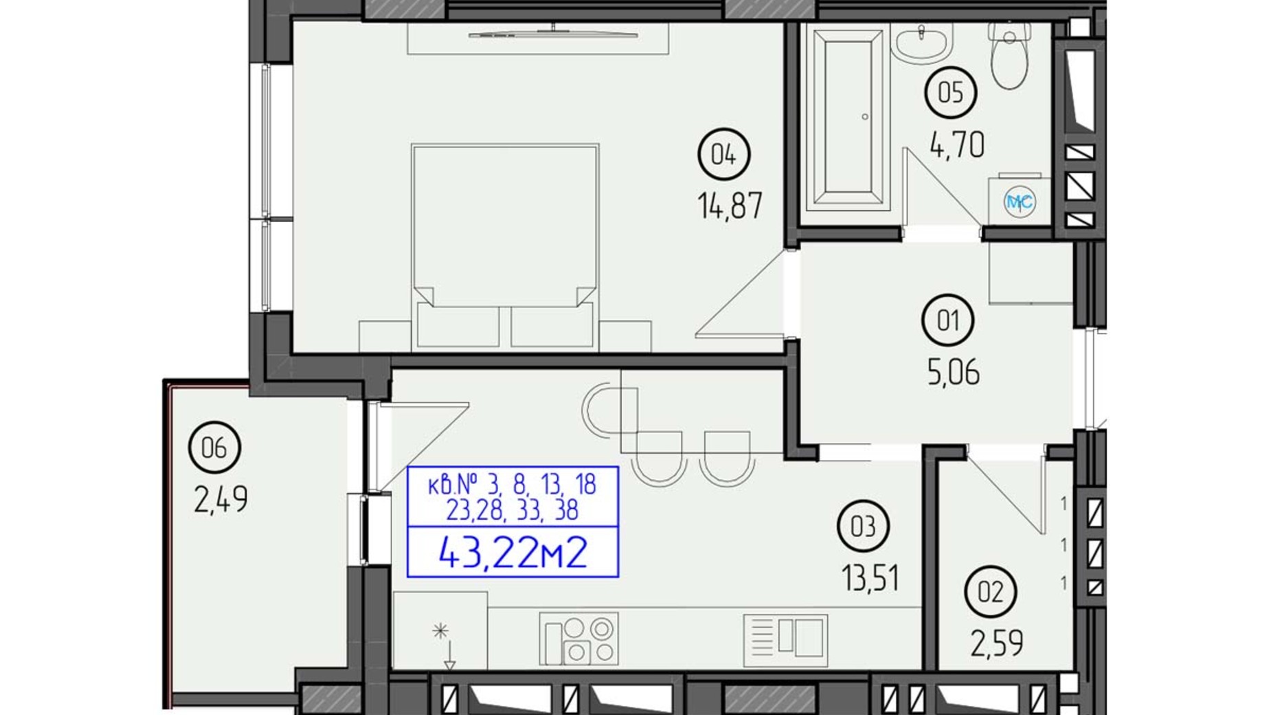 Планування 1-кімнатної квартири в ЖК Будапешт 2 43.22 м², фото 364229