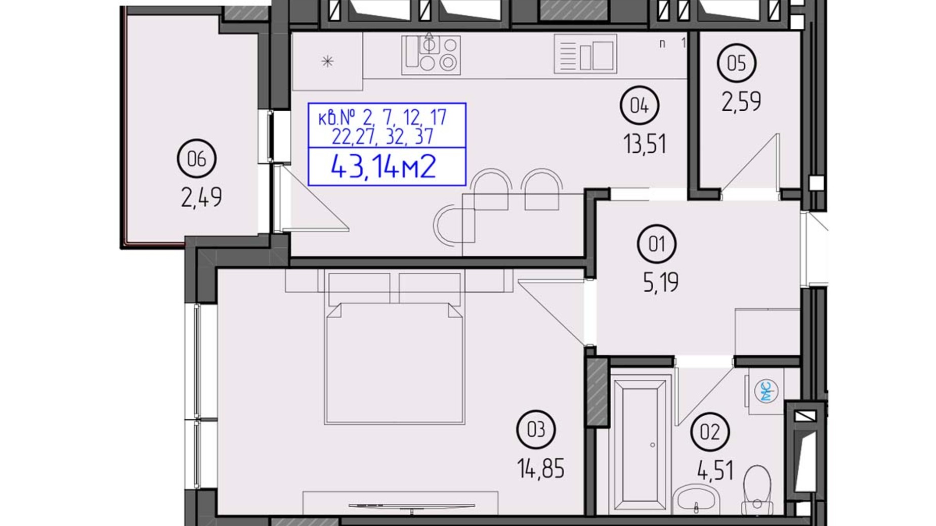 Планування 1-кімнатної квартири в ЖК Будапешт 2 43.14 м², фото 364230