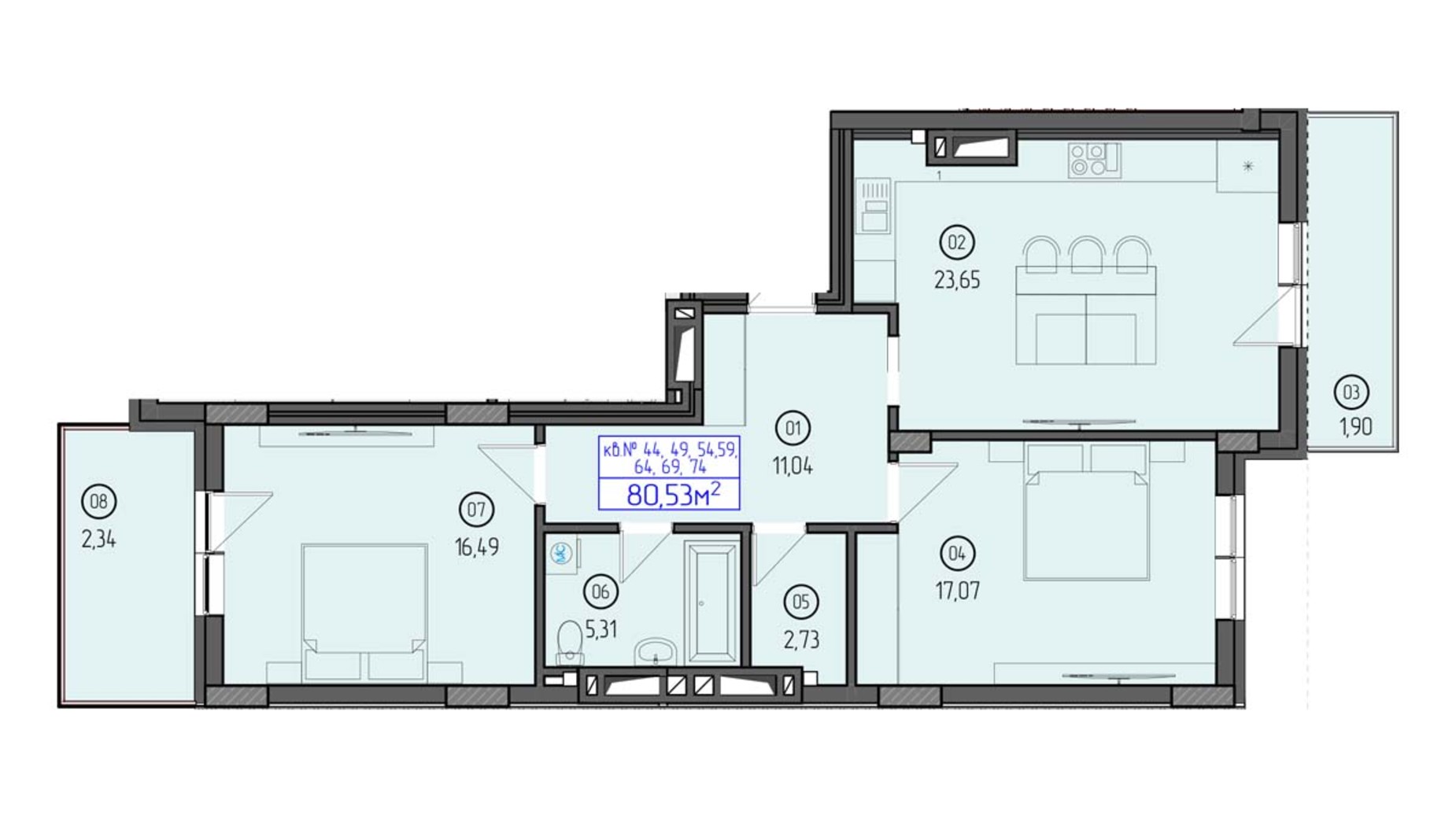 Планування 2-кімнатної квартири в ЖК Будапешт 2 80.53 м², фото 364231