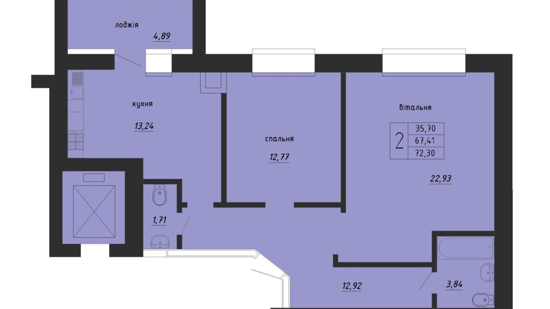 Планировка 2-комнатной квартиры в ЖК Новые Байковцы 72.3 м², фото 364240