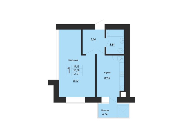 ЖК Новые Байковцы: планировка 1-комнатной квартиры 41.97 м²