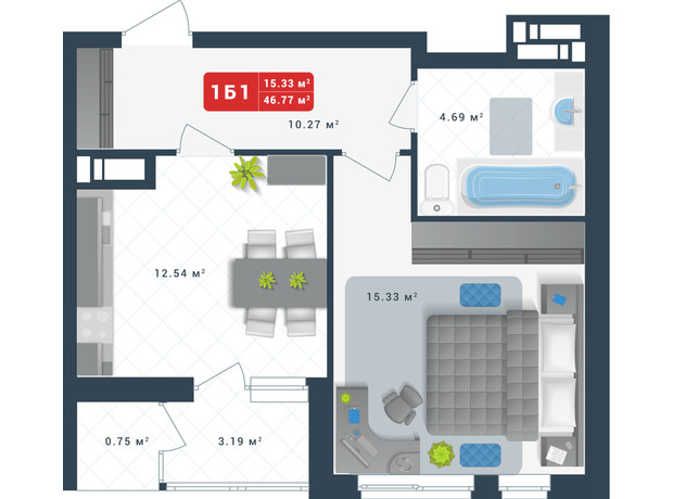 ЖК Причал 8: планировка 1-комнатной квартиры 46.77 м²