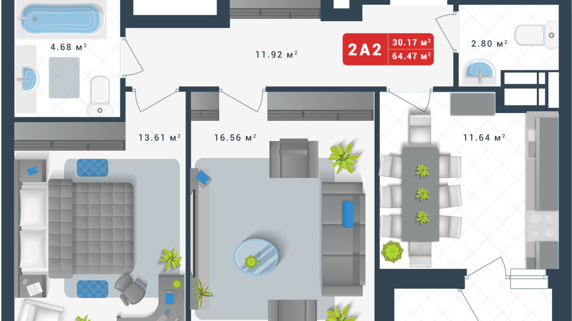 Планировка 2-комнатной квартиры в ЖК Причал 8 64.47 м², фото 364309