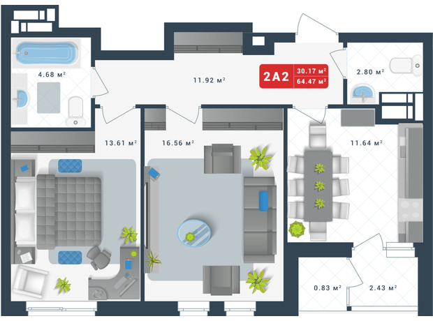 ЖК Причал 8: планування 2-кімнатної квартири 64.47 м²