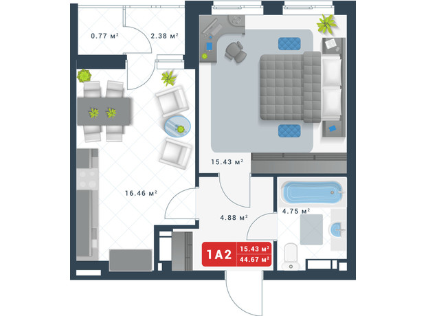 ЖК Причал 8: планування 1-кімнатної квартири 44.67 м²