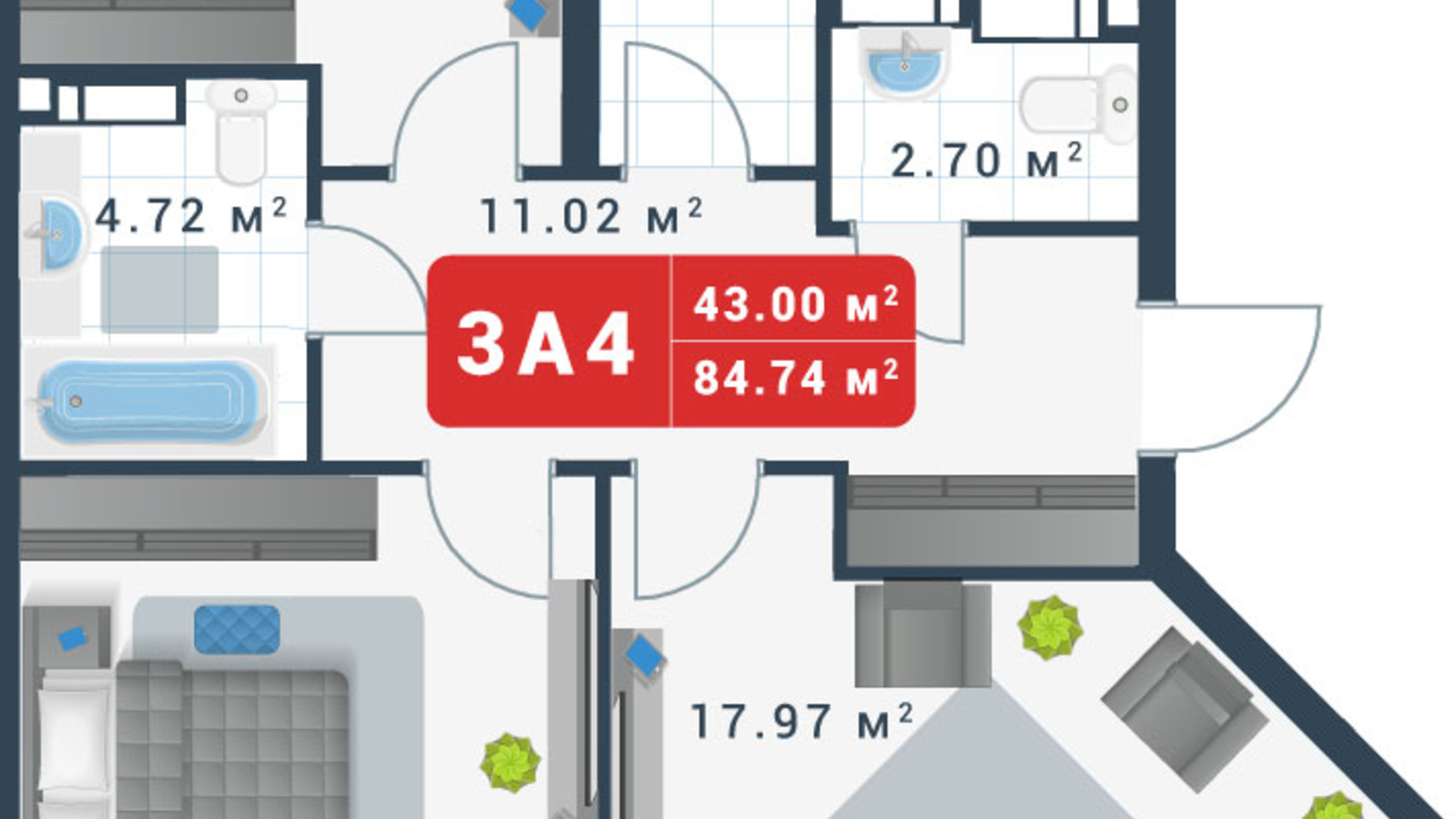 Планировка 3-комнатной квартиры в ЖК Причал 8 84.74 м², фото 364311