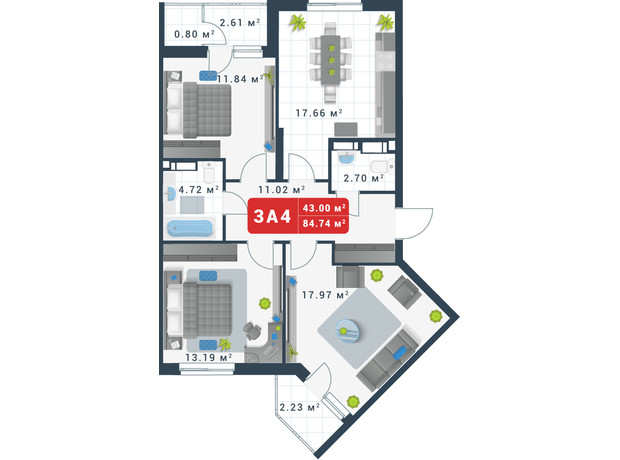 ЖК Причал 8: планировка 3-комнатной квартиры 84.74 м²