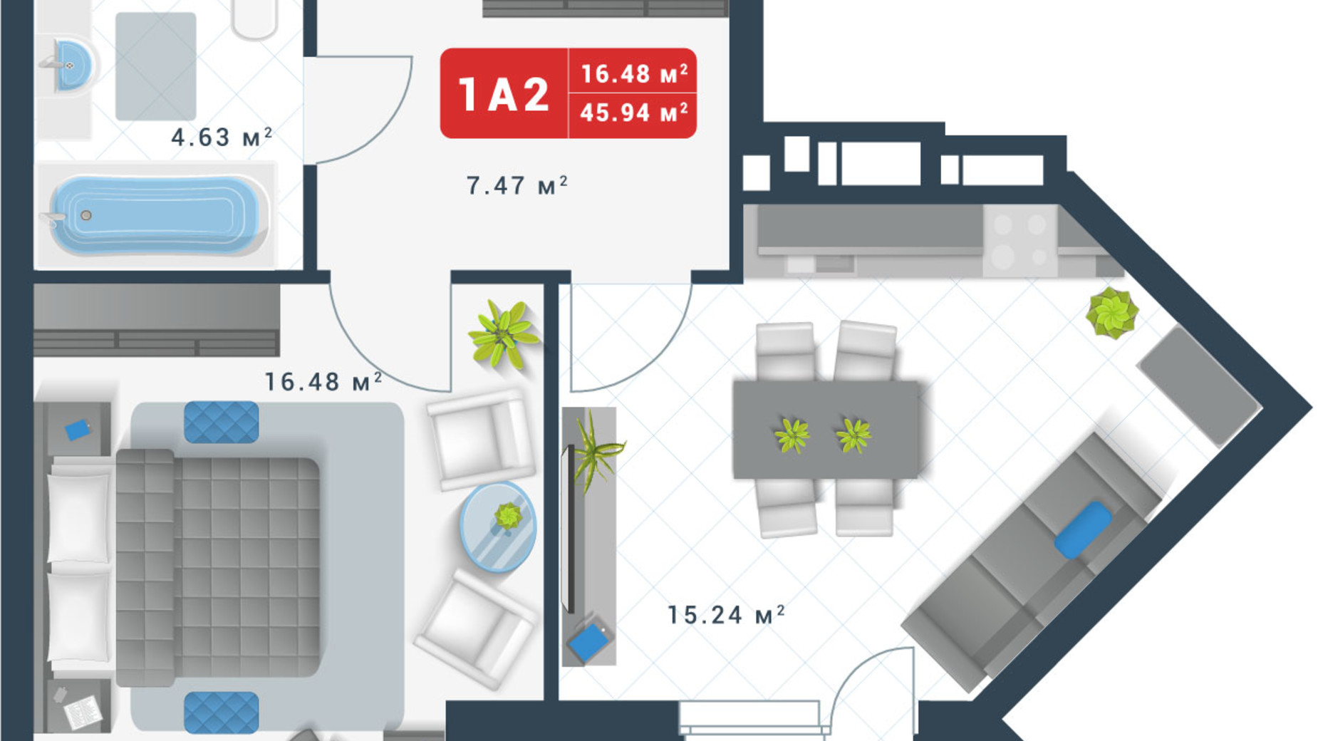 Планування 1-кімнатної квартири в ЖК Причал 8 45.94 м², фото 364312