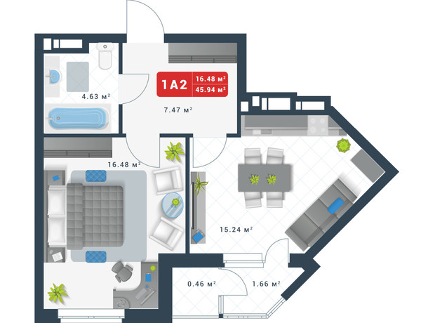 ЖК Причал 8: планировка 1-комнатной квартиры 45.94 м²