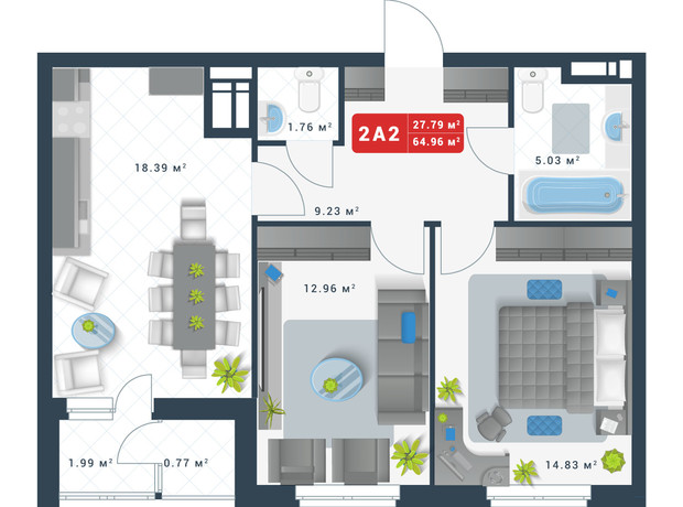 ЖК Причал 8: планировка 2-комнатной квартиры 64.96 м²