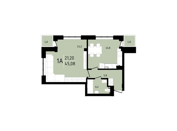 ЖК Тріумф  II: планування 1-кімнатної квартири 45.08 м²