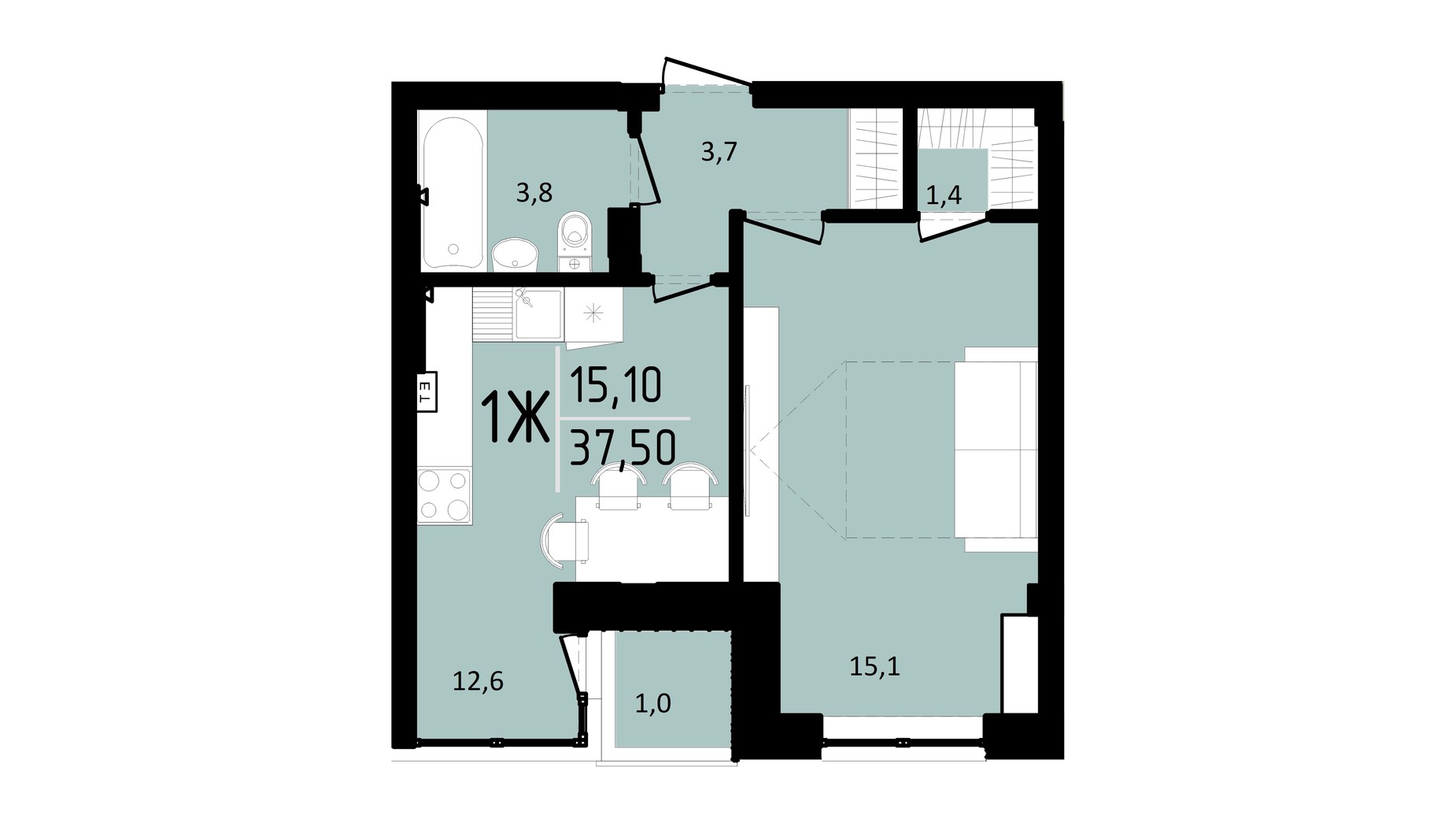 Планування 1-кімнатної квартири в ЖК Тріумф  II 37.5 м², фото 364346