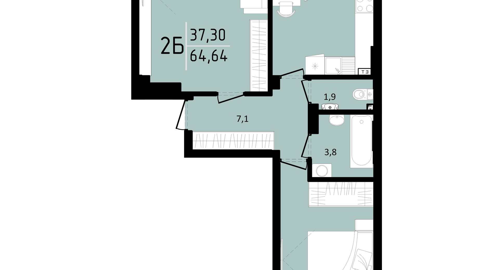Планування 2-кімнатної квартири в ЖК Тріумф  II 64.64 м², фото 364348