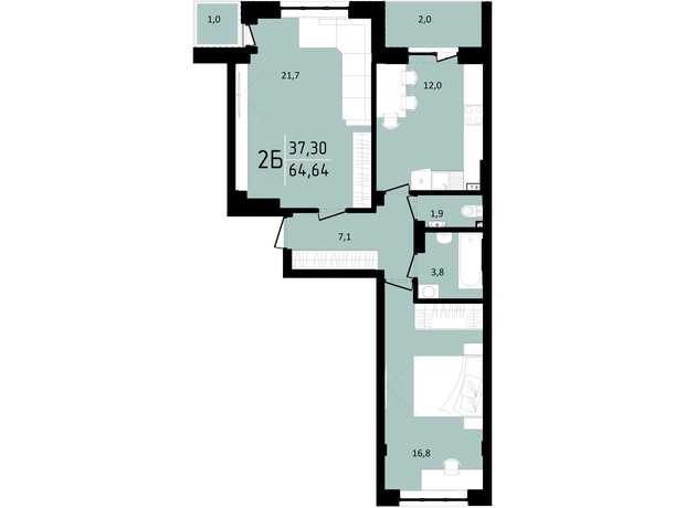 ЖК Тріумф  II: планування 2-кімнатної квартири 64.64 м²